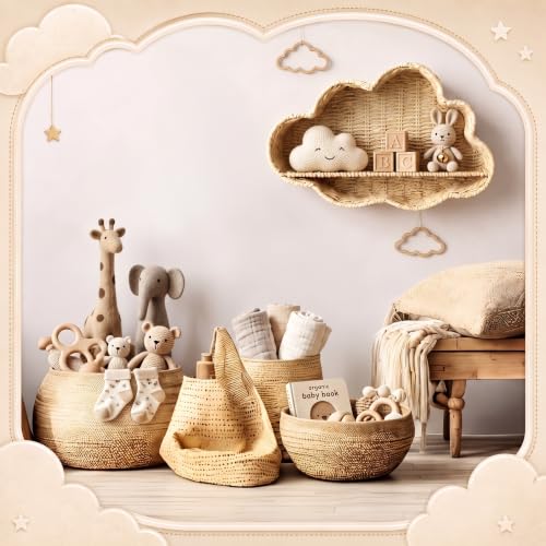 Cloud Nursery Wall Shelf Decor Boho Rattan Wicker Floating Shelves Handwoven Natural Rattan Hanging Organizer Storage Basket for Small Books Toys Nursery Bathroom Living Room Bedroom Corner - style: Cloud