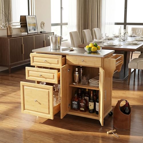 Christopher Knight Home Tredy Bamboo Rolling Cart with Drawers, Kitchen Bar Cart on Wheels with Stainless Steel Top, Rolling Kitchen Cart Storage Cabinet, Serving Cart, 50.8'' x 18.5'', Natural - size: Medium