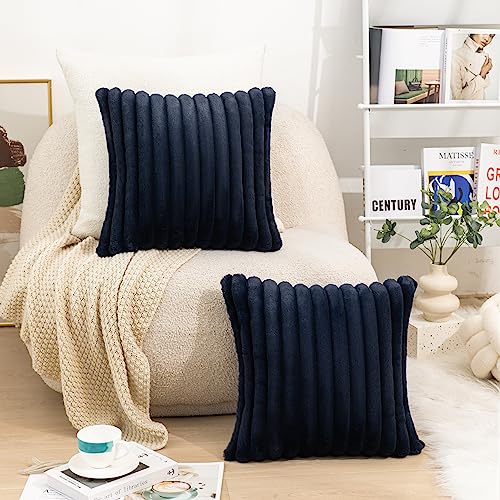 Uhomy Set of 2 Faux Fur Home Decorative Throw Pillow Cover Luxury Super Soft Fuzzy Striped Furry Pillowcase for Sofa Couch Bedroom Comfy Thick Fluffy Plush Cushion Cover 18x18 Inch Navy Blue 45 cm - color: Navy Blue, size: 18" x 18" (Pack of 2)