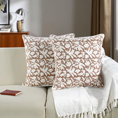 Oak Brown Block Print Cotton Piping Throw Pillow Covers 16x16 Set of 2 Decorative Couch Pillows for Living Room, Chic Boho Cute Outdoor Pillows Covers Gifts for Christmas, Thanksgiving - color: Oak Brown, size: 16" x 16" (Pack of 2)
