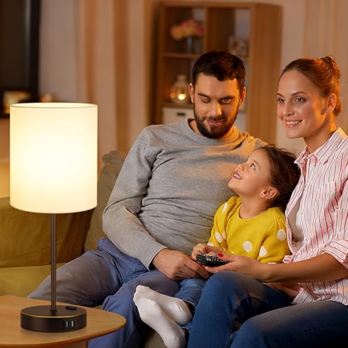 Lynnoland 2 Pack Touch Control Table Lamps with 2 USB & AC Outlet, 3-Way Dimmable Bedside Nightstand Lamps for Bedroom Living Room Nursery, 800 Lumens 3000K Warmlight Bulbs Included - color: (2 Pack)White & Brown and Gold(Base)-3000K Bulbs Included