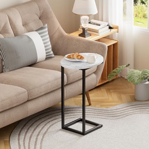 C Shaped End Table, Oval Side Tables on Couch, Black | TV Tray that Slide Under , Narrow Sofa Table with Metal Frame for Small Space Sofa Living Room Bedroom - color: White Marble+black