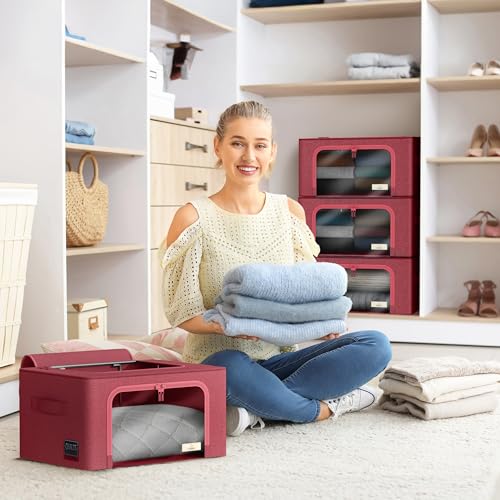 Sorbus Storage Bins with Metal Frame - Stackable & Foldable Clothes Organizer Bags - Oxford Fabric Storage Containers with Large Clear Window & Carry Handles, Bedroom Organization for Bedding & Linen - color: Pink, size: 4 Pack