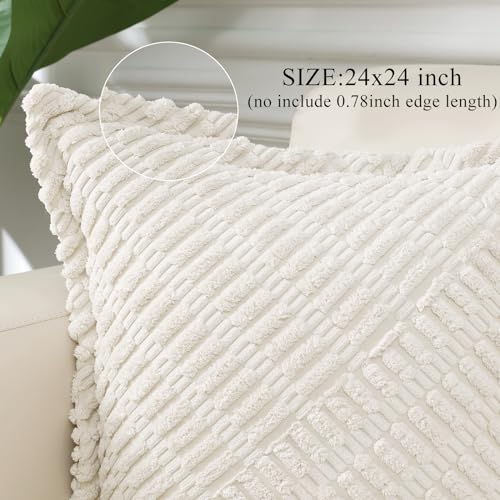 decorUhome Cream White Corduroy Fall Throw Pillow Covers 24x24 Set of 2 | Boho Decorative Soft Broadside Twill Accent Modern Farmhouse Neutral Pillow Covers with Splicing for Bed Sofa Living Room - color: Cream White, size: 24" x 24" (Pack of 2)