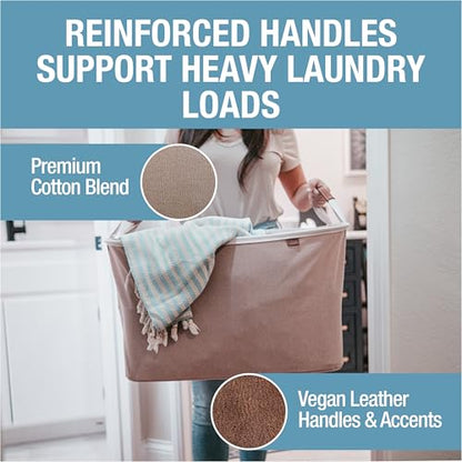 CleverMade Collapsible Laundry Basket LUXE, 60L Pop-Up Hamper 2 Pack, Mocha | Elevate Open-Room Laundry Storage | Cotton-Blend Fabric and Vegan Leather Add Polish, While Each Basket Holds 55 lb - color: Mocha Cream