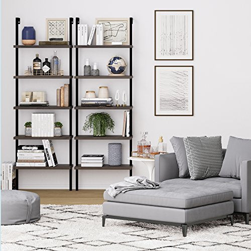 Nathan James Theo 5-Shelf Wood Modern Bookcase, Open Wall Mount Ladder Bookshelf with Industrial Metal Frame, Dark Brown Nutmeg/Black - color: Theo Nutmeg/Black, size: Set of 1