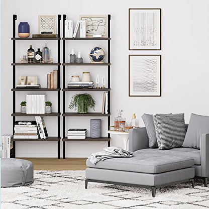 Nathan James Theo 5-Shelf Wood Modern Bookcase, Open Wall Mount Ladder Bookshelf with Industrial Metal Frame, Dark Brown Nutmeg/Black - color: Theo Nutmeg/Black, size: Set of 1