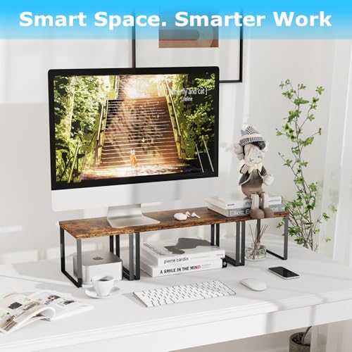 Aothia Wood Desktop Shelf for Top of Desk - 2-Tier Adjustable Bookshelf Organizer, Freestanding Stackable Shelves for Office, Home, Kitchen Counter (Rustic Brown) - color: Rustic Brown