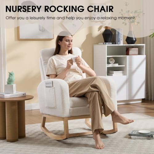 Rocking Chair Nursing, Rocker Chair with Footrest (White Retro) | Teddy Boucle Upholstered Accent Reading Chair with High Back & Side Pocket for Living Room Bedroom Nursery Office - color: White Retro