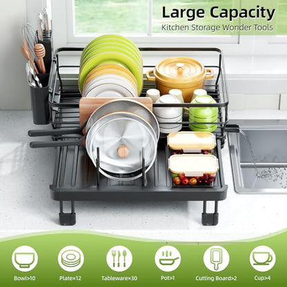 TOOLF Expandable Dish Drying Rack for Kitchen Counter, Black | Extendable 12"-22"W, Fast Draining, Large Capacity, Fits Large Plates, Utensil Holder, 3-4 People Family - size: 1-Tier(Front Extension)