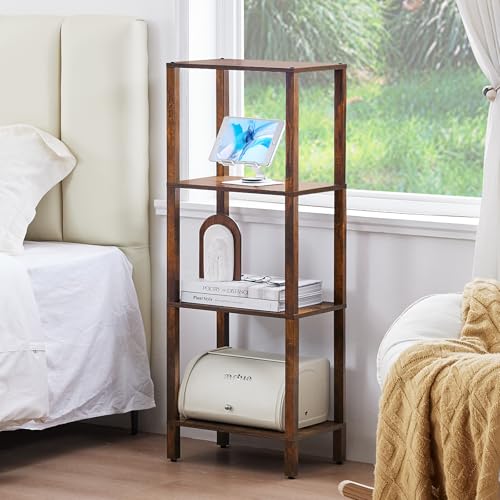 YUFAM 4-Tier Tall Slim Bookshelf, Small Bookcase for Small Spaces, Brown - color: Brown, size: 4-Tier