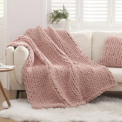 WESHIONGOO Chunky Knit Blanket Throw for Couch Bed 51"×63" Pink | 100% Handmade Knitted Throw blankets Fluffy Soft Blanket With Jumbo Chenille Yarn Thick - color: Pink, size: 51"x63"(Large Size Throw)