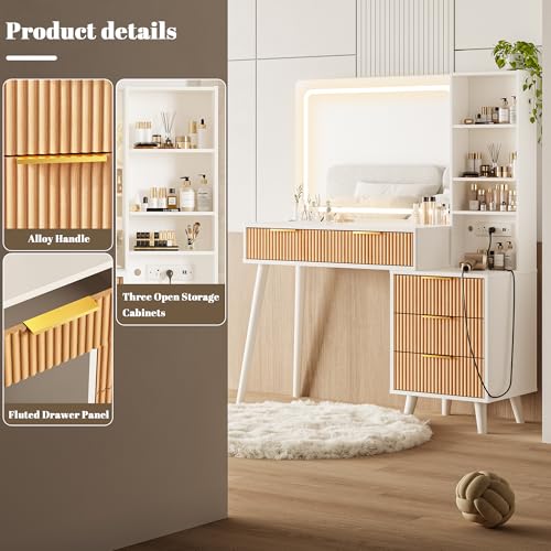 44" Vanity Desk with Mirror and Lights, Makeup Vanity Desk with Power Outlet, Makeup Desk with 5 Drawers&Storage Shelves, Vanity Table 3 Color Adjustable Brightness Dressing Table Set for Bedroom