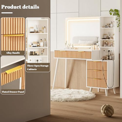 44" Vanity Desk with Mirror and Lights, Makeup Vanity Desk with Power Outlet, Makeup Desk with 5 Drawers&Storage Shelves, Vanity Table 3 Color Adjustable Brightness Dressing Table Set for Bedroom