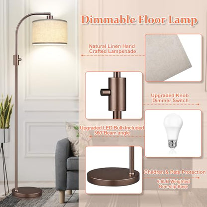 Nintiue Upgraded Modern Arc Dimmable Tall Standing Floor Lamp with Linen Shade, 1200 Lumens LED Bulb Included, for Living & Reading Room, Bedroom, Office & Nursery, Brown - color: Brown-Linen Shade