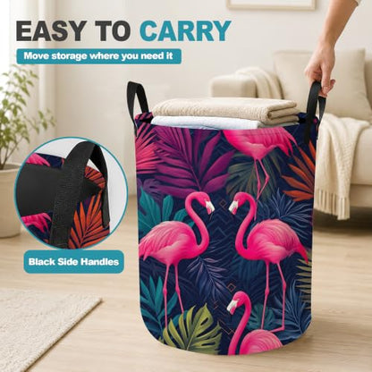 Pink Flamingo Collapsible Laundry Hamper,Tropical Palm Leaves Waterproof Oxford Cloth Clothes Basket with Handles for Bathroom Bedroom Nursery Dorm Room,16" x 20" - color: Pink Flamingo,Tropical Palm Leaves