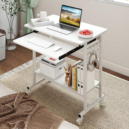 GIANTEX Rolling Computer Desk, Mobile Portable Desk with Keyboard Tray & Wheels, Laptop PC Table Cart with Shelf & Hooks, Industrial Small Desk for Small Spaces, Home Office, Bedroom, White - color: White