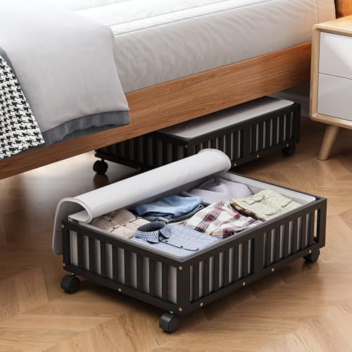 MHXW SXPN 2 Pack Bamboo Under Bed Storage Containers with Wheels, Black | Underbed Drawer Storage with Bag, Wood Rolling Underbed Organizer for Shoes, Sheets Clothes Blanket Comforter, Under Crib Toy - color: Black, size: 2 PCS (23.62"×16.54")