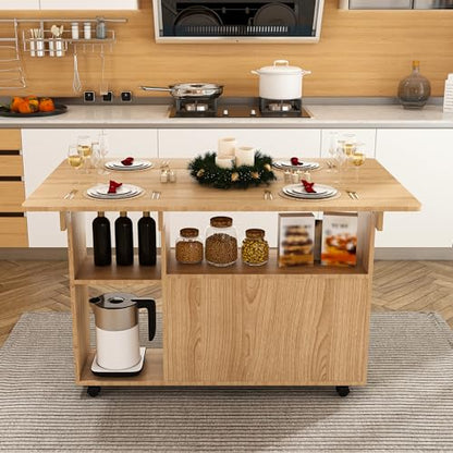 KEIKI 47 Inch Foldable Dining Table, Multi-Functional Folding Table with Storage Shelves and Wheels, Drop Leaf Extendable Dining Desk, Versatile Foldable Side Table for Kitchen, Dorm, Office, Walnut - color: Walnut