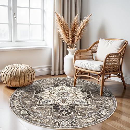 RUUGME Ultra-Thin Washable Round Rug: 4ft Vintage Circle Area Rugs for Living Room Bedroom Stain Resistant Carpet Non-Slip Backing Soft Low Pile Floor Mat for Dinning Room Entryway(Beige,4'Round) - color: Beige, size: 4' Round