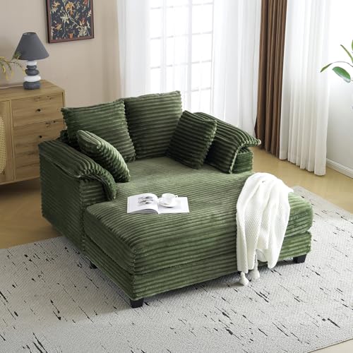 VINGLI Lounge Chair, 56" Oversized Reading Chair Corduroy Chaise Sofa Recliner Bed Upholstered Comfy Sleeper Couch with Throw Pillows and Armrests for Living Room, Movie Room, Bedroom - color: Green, style: Modern