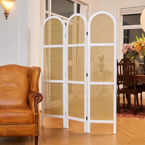 Svimi Room Dividers and Folding Privacy Screens, Pine Wood 5.6 Ft Double Hinged Rattan Partition Freestanding Wall Room Divider for Home - 3 Panels (White) - color: White