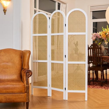Svimi Room Dividers and Folding Privacy Screens, Pine Wood 5.6 Ft Double Hinged Rattan Partition Freestanding Wall Room Divider for Home - 3 Panels (White) - color: White