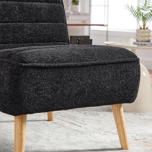 24.4" Modern Armless Accent Chair, Upholstered Soft Chenille with Natural Rubber Wood Legs, Comfy Reading Chairs for Small Spaces, Living Room, Bedroom, Office (Black, Chenille) - color: Black