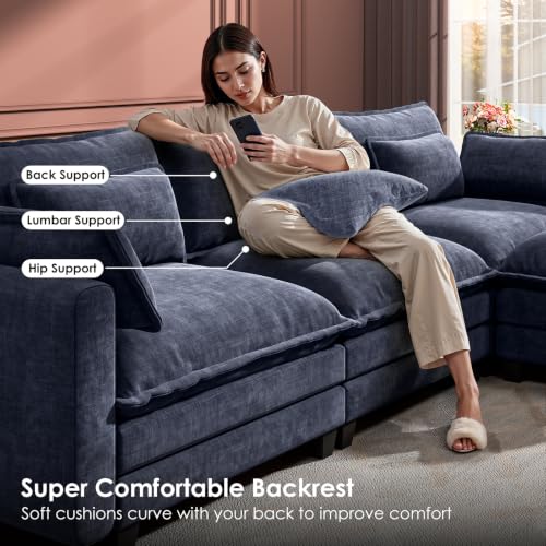 Marsail Modular Sectional Sofa 110.6" U-Shaped Modern Comfy Cloud Couch, 5-Seat Chenille Deep Seat Sofa with Throw Pillow & Movable Ottoman for Living Room, Bedroom and Apartment, Navy Blue - color: Blue, size: 110.6" - U Shape