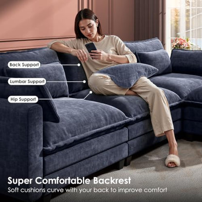 Marsail Modular Sectional Sofa 110.6" U-Shaped Modern Comfy Cloud Couch, 5-Seat Chenille Deep Seat Sofa with Throw Pillow & Movable Ottoman for Living Room, Bedroom and Apartment, Navy Blue - color: Blue, size: 110.6" - U Shape