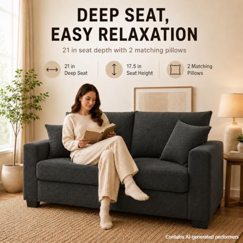 69'' Loveseat Sofa,Modern Fabric 2-Seater Sofa with 2 Pillows(Dark Grey) | Small Couches for Living Room, Office,Apartment, Small Spaces,21 in Deep Seat - color: Dark Grey