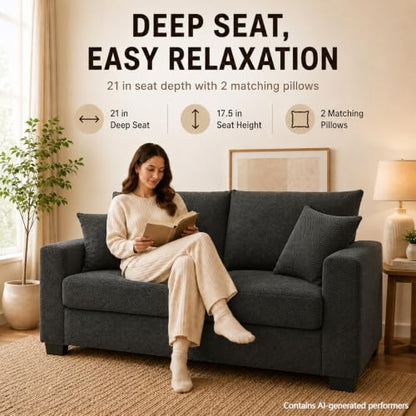 69'' Loveseat Sofa,Modern Fabric 2-Seater Sofa with 2 Pillows(Dark Grey) | Small Couches for Living Room, Office,Apartment, Small Spaces,21 in Deep Seat - color: Dark Grey