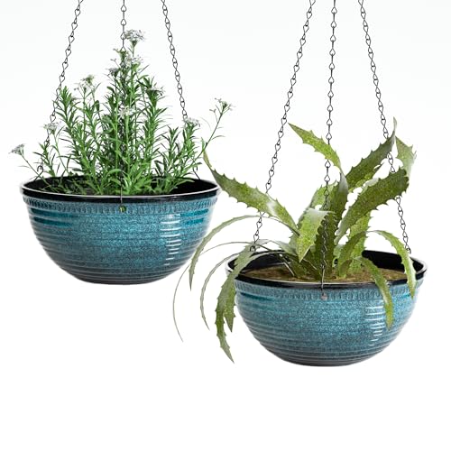 Vanslogreen 12 inch Hanging Planters for Indoor Outdoor Plants, 2 Pack Large Hanging Flower Pots with Drainage Holes and Chain, Glazed Hanging Baskets for Home Garden Decoration, Blue - color: Blue, size: 12inch
