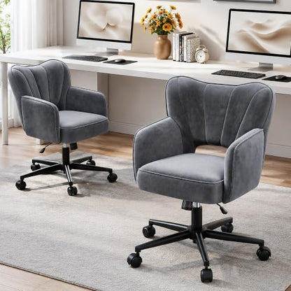 DurayLoly Desk Chair with Shell Back & 360° Swivel Wheels | Comfy Velet Vanity Chair,Adjustable Height,Stylish and Comfortable for Makeup, Work & Relaxation,Dark Grey - color: Dark Grey