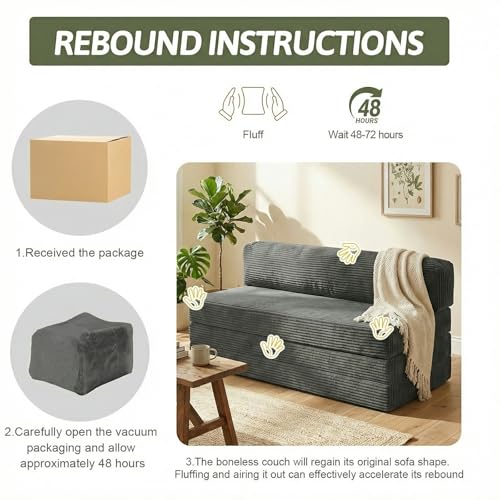5-in-1 Convertible Sofa Bed, Boneless Loveseat with Removable Cushions & Washable Cover,Futon Sofa Bed with Handle, Pull Out Couch for Small Spaces, King Size, Grey - color: Grey, size: King Size-83''L*76''W