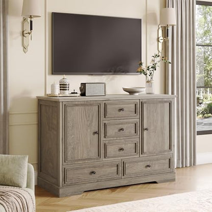 GarveeHome 47" Farmhouse Sideboard Buffet Cabinet, Sideboard Storage credenza with 5 Drawers and 2 Doors, Wood Coffee Bar Cabinet, Buffet Table for Dining Room Living Room, Grey - color: Grey