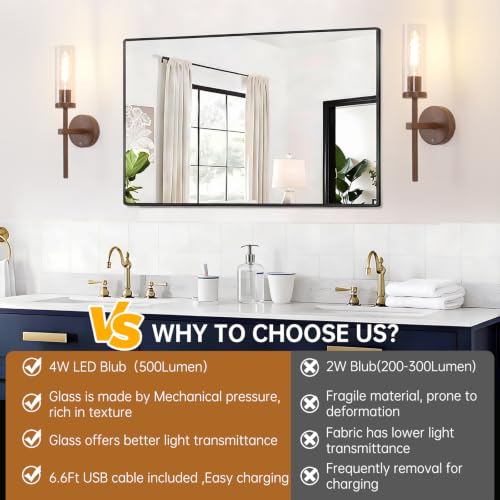 Shenmoyl Battery Operated Wall Sconces Set of 2, Walnut Color Rechargeable Wall Lighting Fixtures, Dimmable Wall Lights with Remote & Clear Glass Shade for Living Room, Bathroom,Bedroom - color: Walnut - Clear Glass
