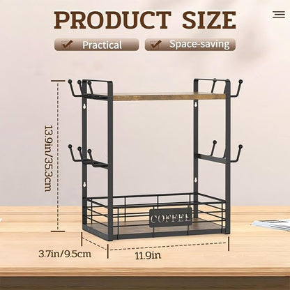 Coffee Mug Rack with 12 Hooks, 2-Tier Coffee Bar Organizer with Shelf & Storage Basket, Countertop Coffee Cup Holder Stand for Kitchen, Home & Café - Black & Brown - color: 2-Tier (Large)