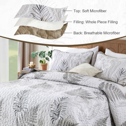 DJY Brown Quilts Queen Size Floral Leaves Bedspread Reversible Coverlet Set, Fall Quilt Bedding Set 3 Pieces Soft Lightweight Botanical Bedding Cover 96''x90'' - color: Brown White, size: Queen