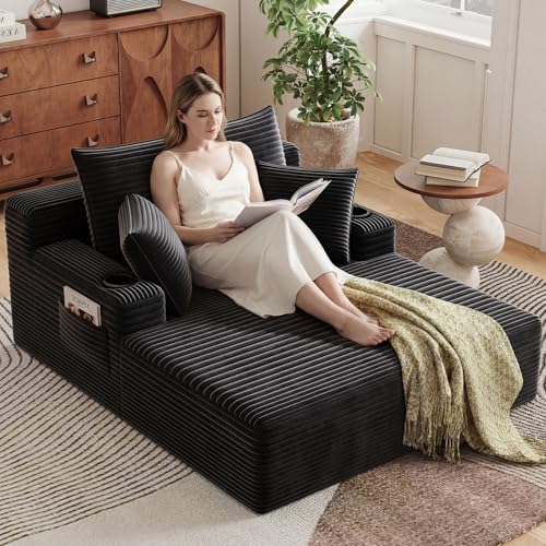 47.24" Oversized Chaise Lounge Chair, Deep Seat Upholstered Cozy Cloud Couch, Modern Corduroy Floor Sleeper Sofa Bed, Reading Chair for Living Room, Bedroom, Apartment, Office, Indoor, Black - color: Black, size: 47.24"