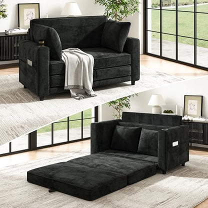 51" Loveseat Convertible Sofa Bed with Cup Holder, Small Couch 2 in 1 Pull Out Sleeper Couch, Floor Folding Couch Sofa with Two Pillows for Living Room, Apartment, Dorm (Black) - color: Black