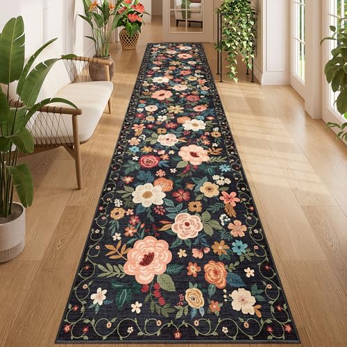 DUKINO 2.6x12 Kitchen Runner Rug, Floral Non Slip Long Washable Rug, Black | Low Pile, Stain Resistant, Soft Indoor Rug Runner for Hallway, Entryway, Bedroom, Bathroom, Laundry, Pet Friendly, Home Decor - color: Black, size: 2'6" x 12' (Rectangular)