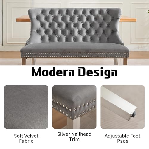Grey Velvet Dining Bench with Back, Tufted Banquette Seating, Silver Legs | Upholstered loveseat bench; tufted back; nailhead trim; 500 lb capacity; foam and spring seat; dining room or entryway - color: Grey(silver Stainless Steel Legs)