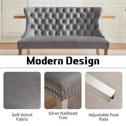 Grey Velvet Dining Bench with Back, Tufted Banquette Seating, Silver Legs | Upholstered loveseat bench; tufted back; nailhead trim; 500 lb capacity; foam and spring seat; dining room or entryway - color: Grey(silver Stainless Steel Legs)