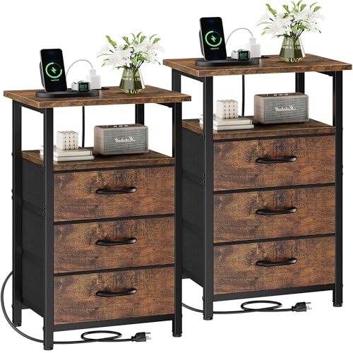 Nightstand Set of 2 with Charging Station, Bedside Table with USB Ports & Outlet, Side End Table with 3 Fabric Drawers & Storage Shelf, Bed Side Table Night Stand for Bedroom, Rustic Brown - color: Rustic Brown, size: 2 Pieces, style: Ordinary