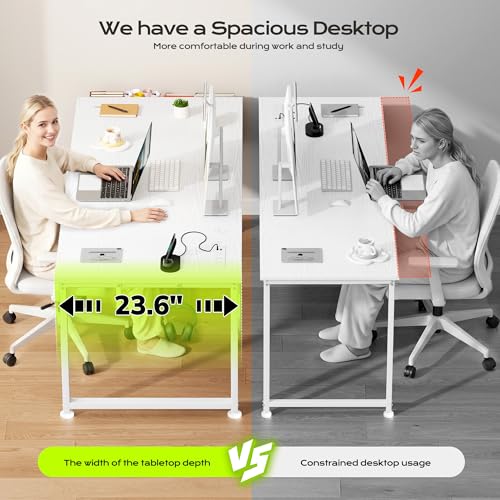 DurayLoly 63 x 24 inch Large Desk, 24mm Thick Heavy Duty Computer Desk with RGB LED & Power Outlets, Gaming Desk with Detachable Stand, Hooks & Storage Bag, 150LBS Load Capacity, White - color: White, size: 63 Inch