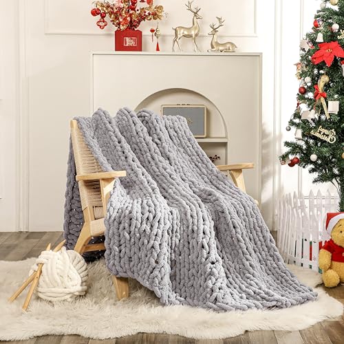 WESHIONGOO Chunky Knit Blanket Throw for Couch 51"×63" Light Grey | 100% Handmade Knitted Throw blankets Fluffy Soft Blanket With Jumbo Chenille Yarn Thick - color: Light Grey, size: 51"x63"(Large Size Throw)