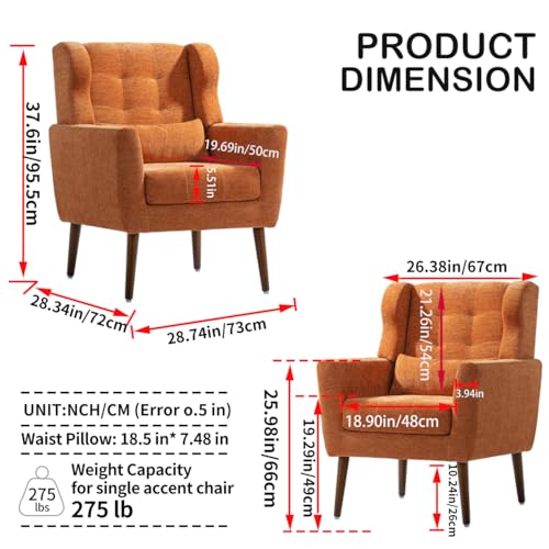 Accent Chair, Living Room Chairs with Solid Wood Legs & Pillow | Chairs Living Room with High Tufted Backrest, Reading Chair for Bedroom/Office, Chenille Fabric - color: Orange