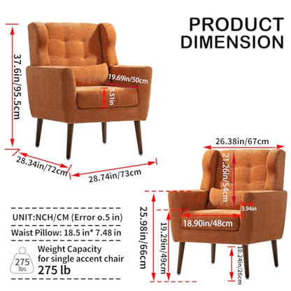 Accent Chair, Living Room Chairs with Solid Wood Legs & Pillow | Chairs Living Room with High Tufted Backrest, Reading Chair for Bedroom/Office, Chenille Fabric - color: Orange