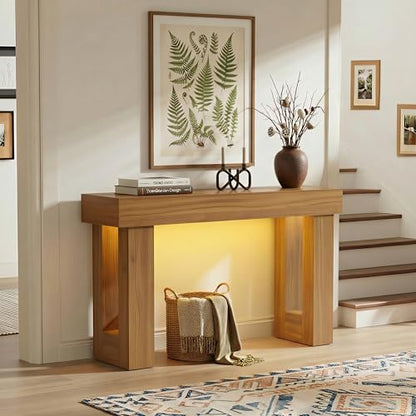 47" Narrow Console Table with Socket & Sensor Light, Farmhouse Entryway Table, Behind Couch Table, Hallway/Living Room/Couch Armrest Table, Light Knotty Oak